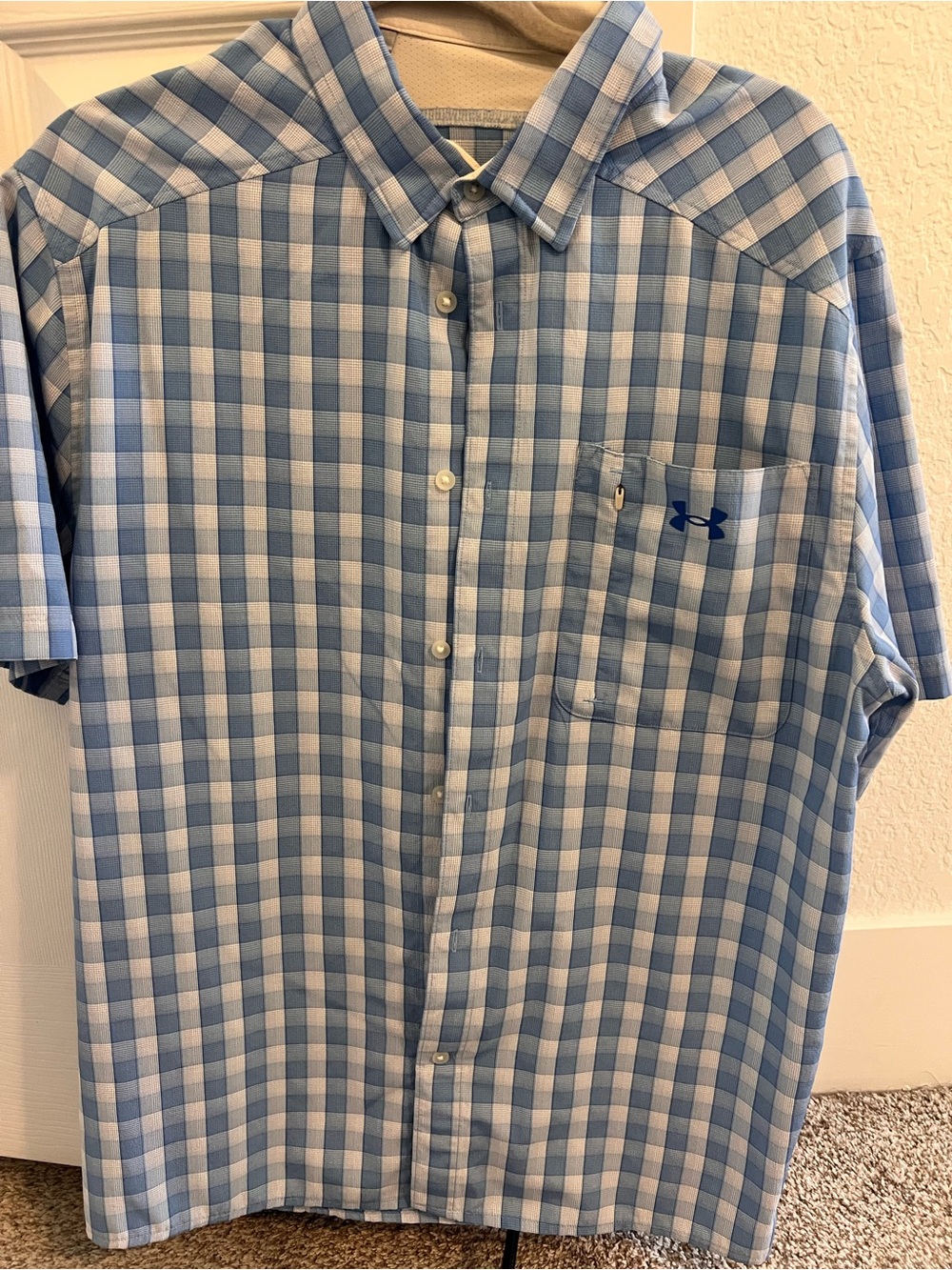 Under Armour Light Blue and White Check Short-Sleeve Button-Down Shirt